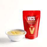 Red Vic's soup package with a bowl of soup on a white background