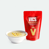 Red Vic's soup package with a bowl of soup on a white background
