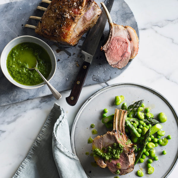 Lamb Rack With Spring Greens and Tarragon Sauce - Vic's Meat