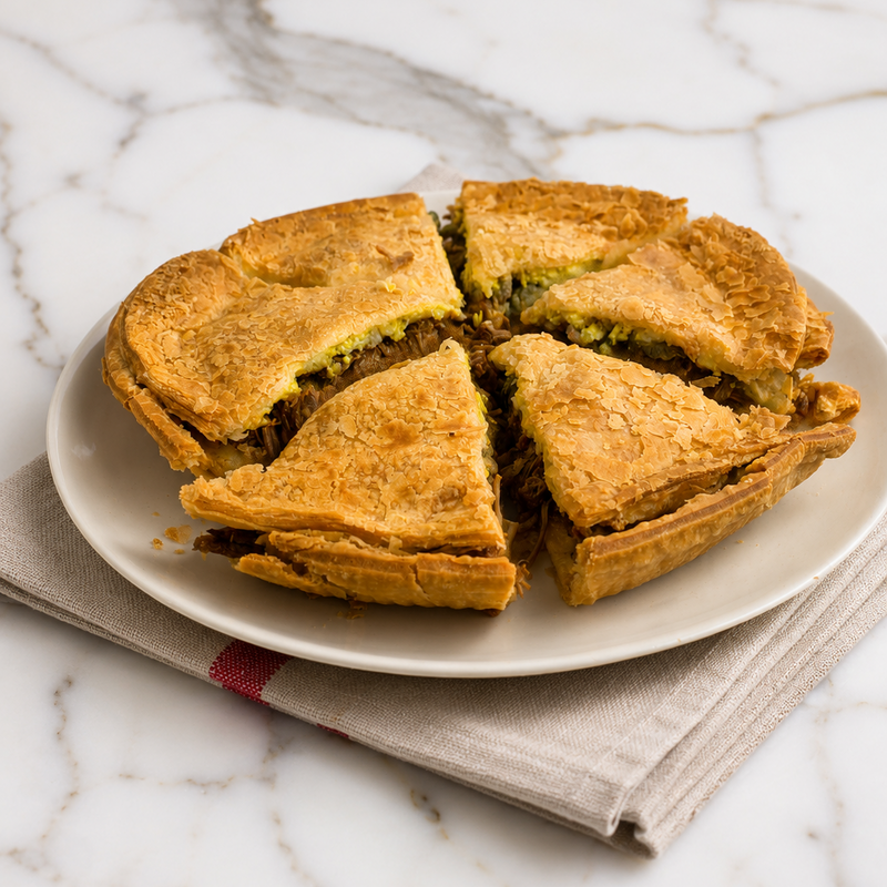Four triangular baked pastry pieces with a golden-brown crust and a dark filling, arranged on a white plate over a beige napkin on a white marble surface.