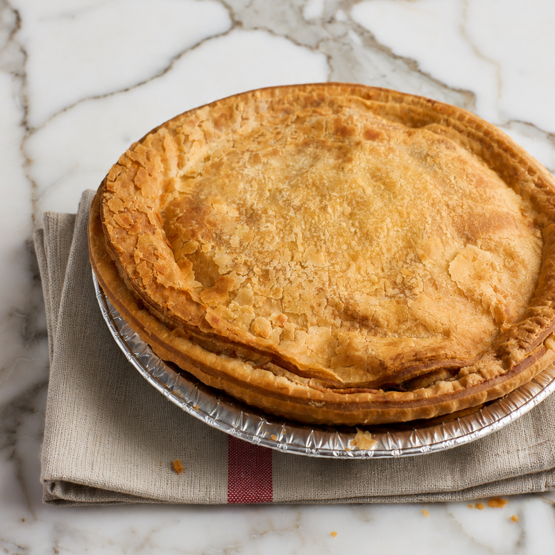 A golden-brown baked pie on a metal tray resting on a folded beige cloth, set on a white marble surface.