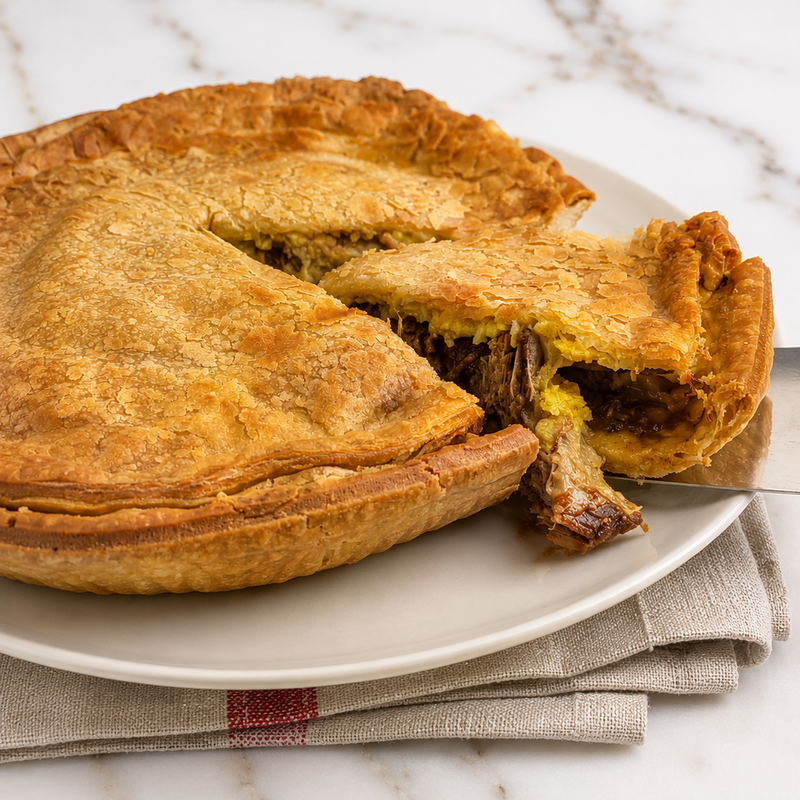 A golden-brown baked pie with a slice cut out and served on a white plate, set on a folded beige napkin over a white marble surface.
