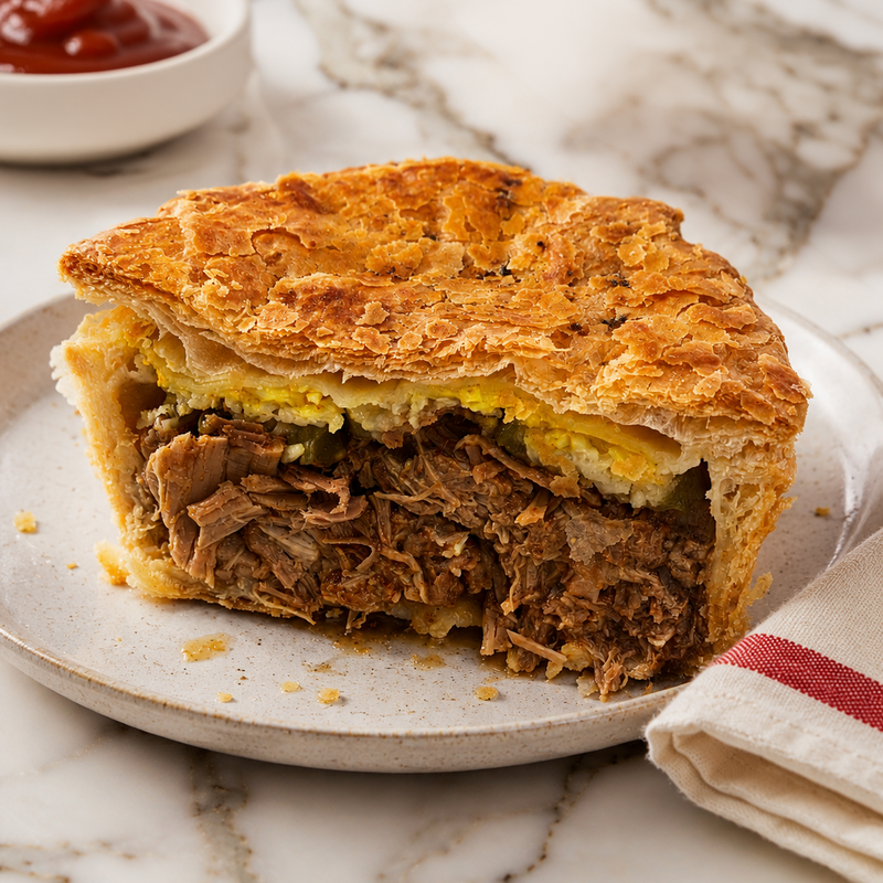 A close-up of a baked meat pie on a light ceramic plate, with a slice cut out to show shredded beef filling, a yellow cheese layer, and a golden flaky crust. A small bowl of ketchup and a folded napkin sit on a white marble surface.