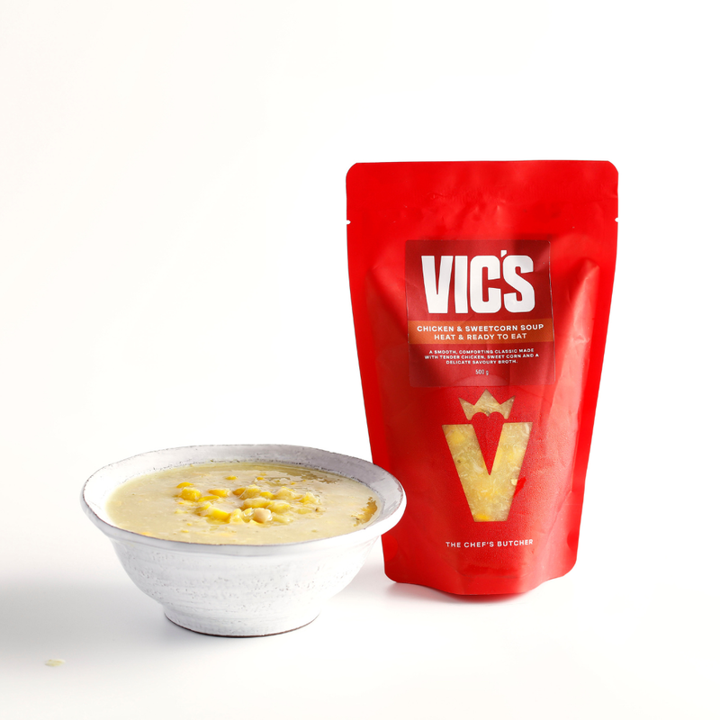 Red Vic's soup package with a bowl of soup on a white background