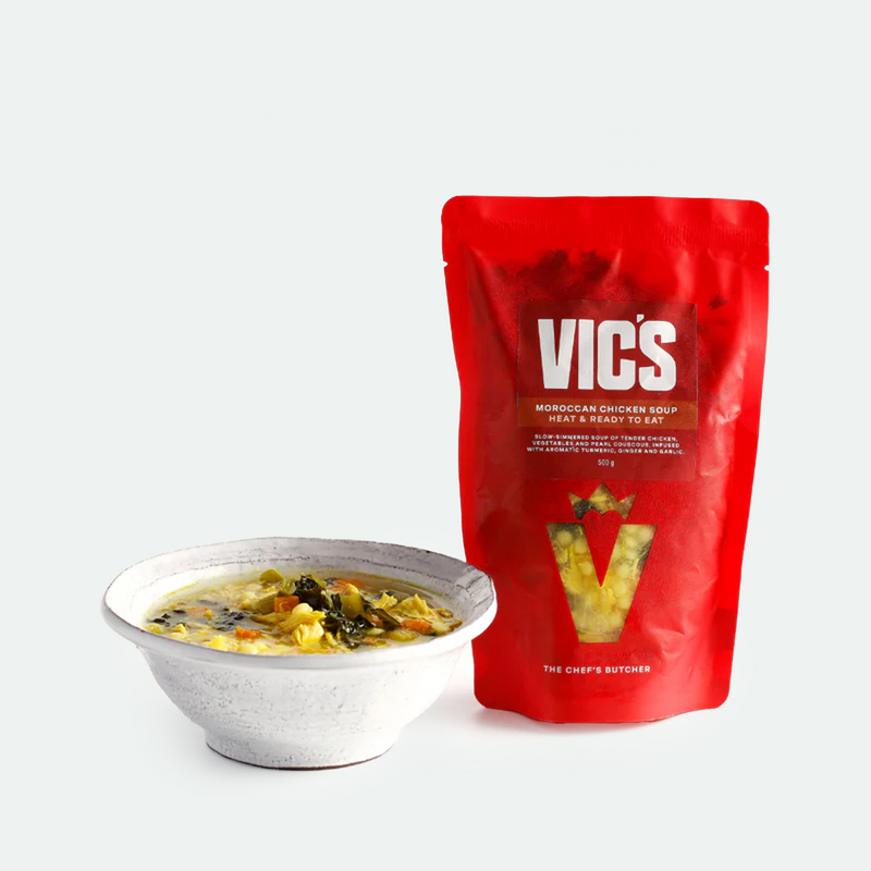 Red Vics package with a bowl of soup on a white background