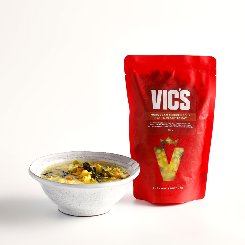 Red Vics package with a bowl of soup on a white background