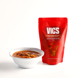 Red Vics package with a bowl of soup on a white background