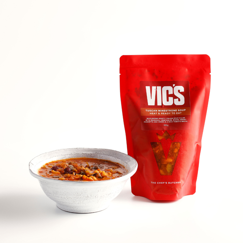 Red Vics package with a bowl of soup on a white background